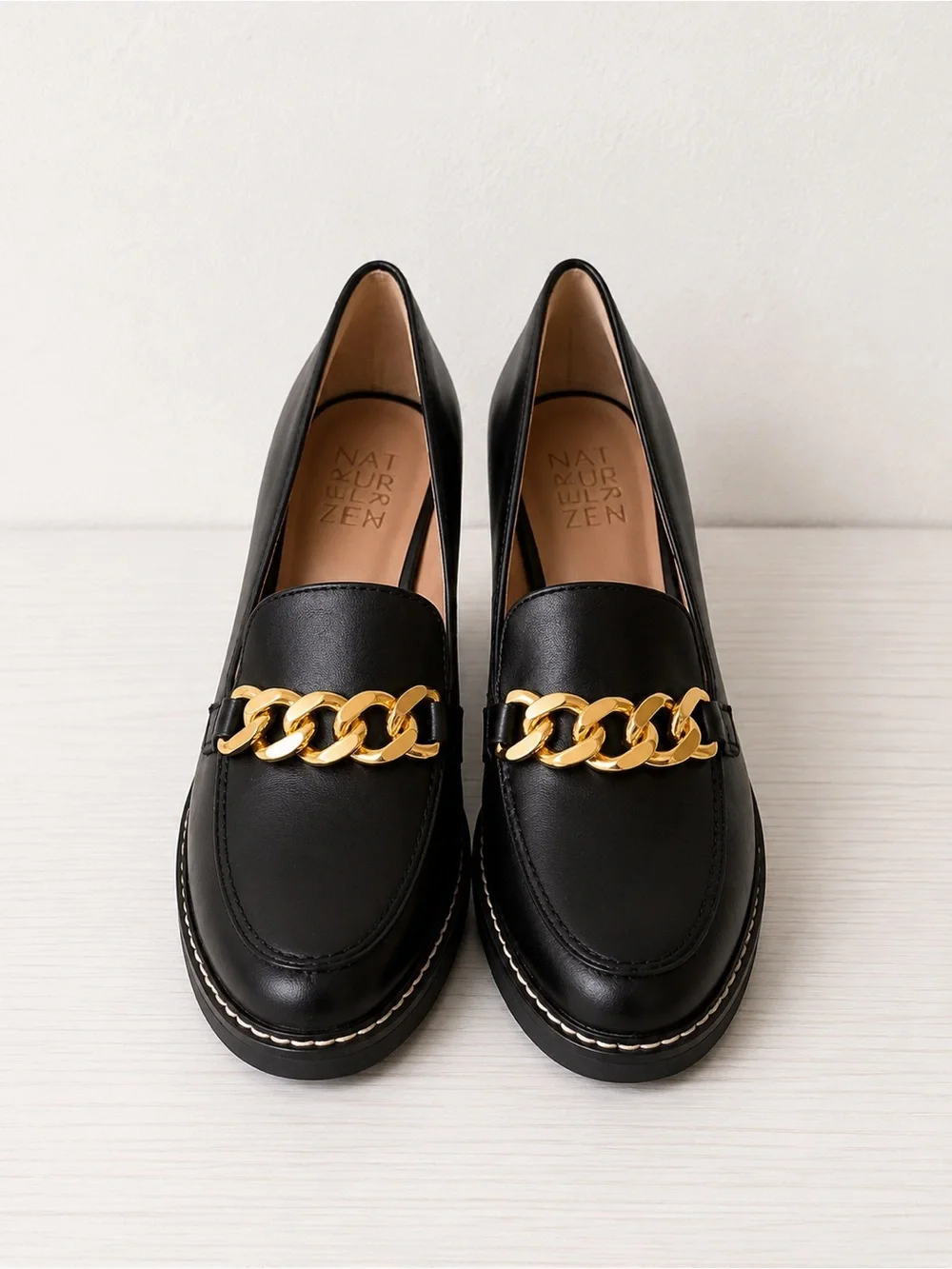 Naturalizer Black Platform Gold Chain Chunky Block 3” Heel Leather Loafers 6.5